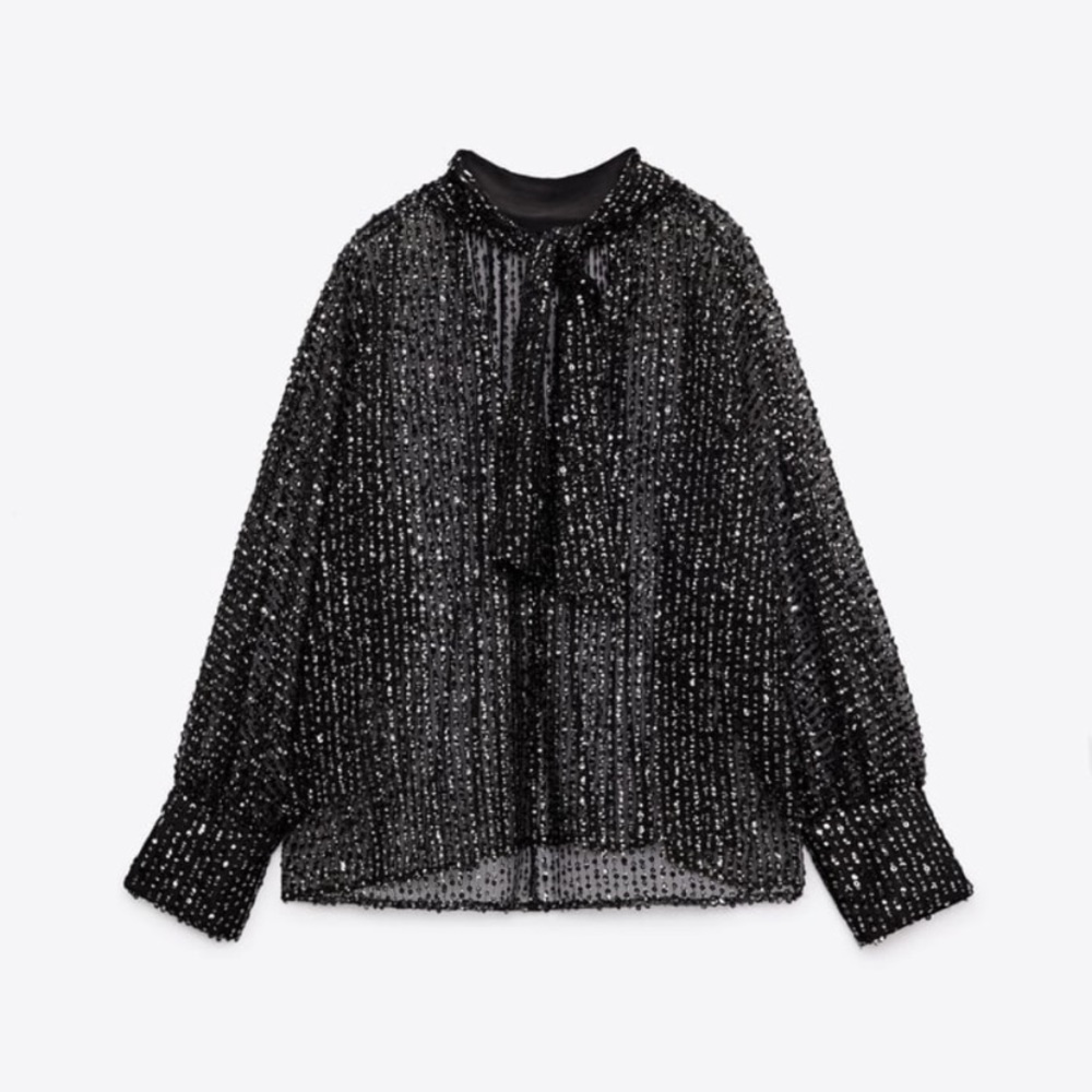 ZARA TIED COLLAR SEQUIN BLOUSE